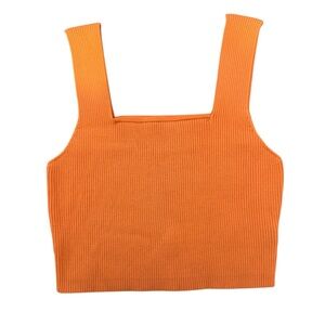 Bright Orange Ribbed Square Neck Crop Tank Top Stretch Knit